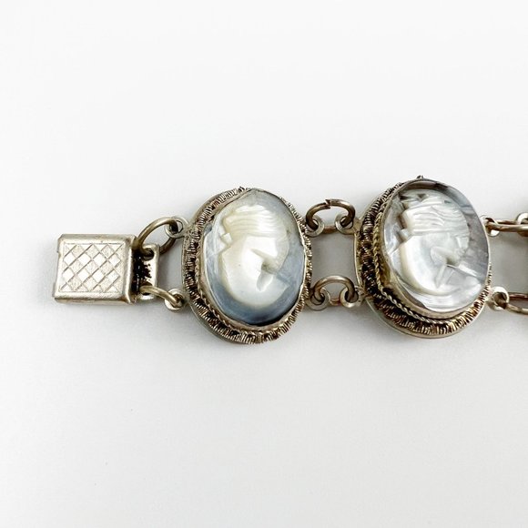 Vintage Silver Abalone Shell Cameo Set Bracelet Earrings Pendant Parure - Picture 5 of 12